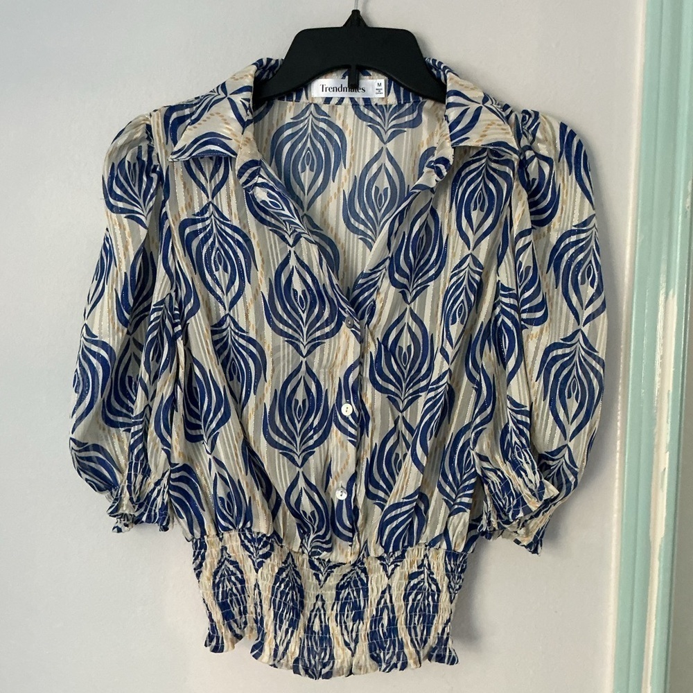 Blue and Cream Printed Puff-Sleeve Blouse